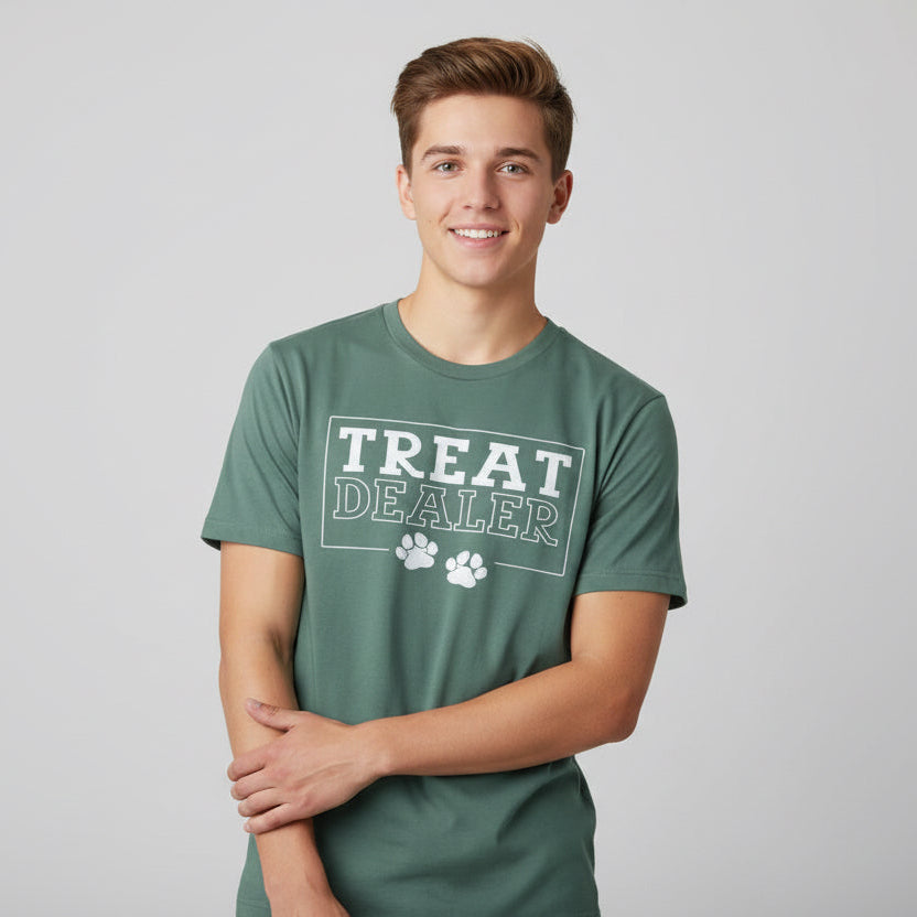 Person wearing a green t-shirt with 'TREAT DEALER' text on a plain background