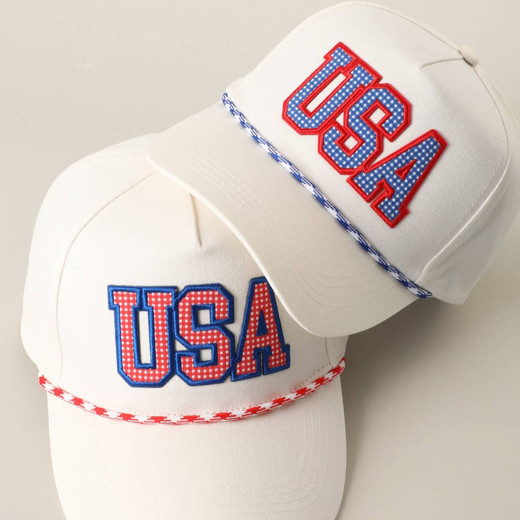 white cap with large USA patch