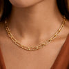 Gold chain necklace on a person's neck with a blurred background
