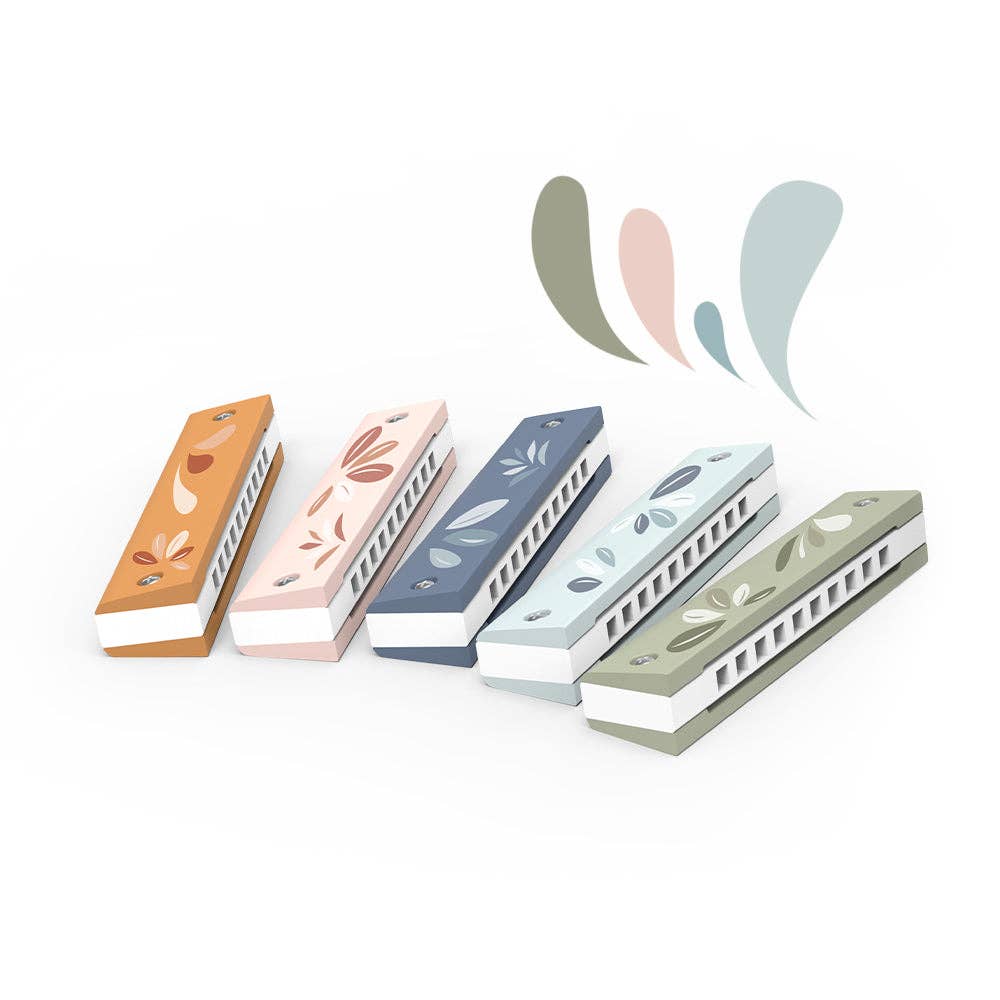 Set of five colorful harmonicas with leaf designs on a white background