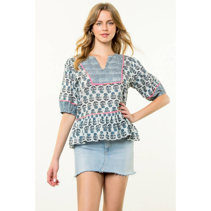 Contrast Trim Puff Sleeve Floral Top