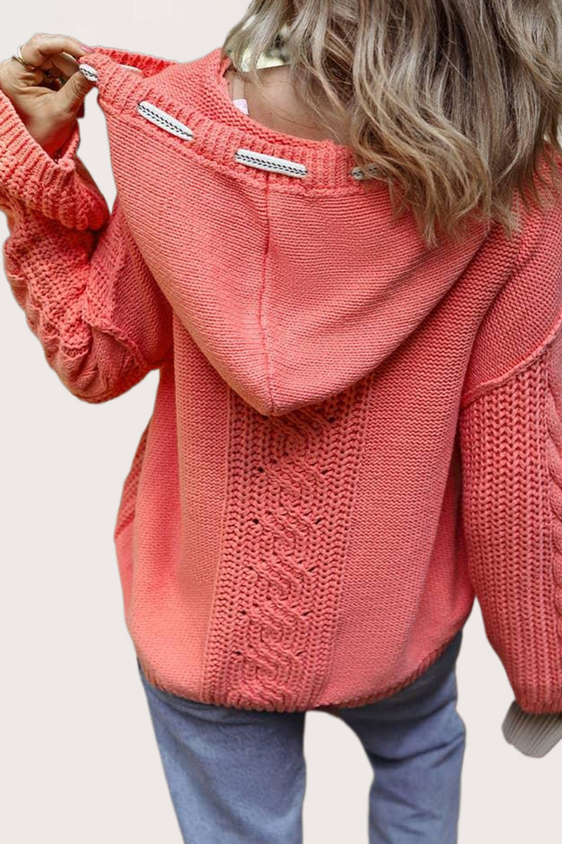 Cable Knit V Neck Hooded Pullover Sweater
