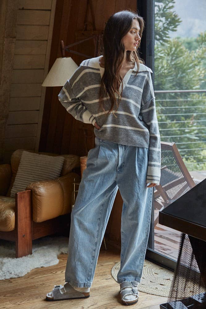 Knit Sweater Striped Collar V-Neck Long Sleeve Top