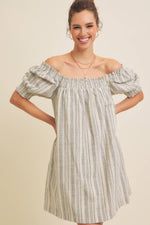 COTTON LINEN STRIPE MINI DRESS WITH SMOCKED SLEEVES