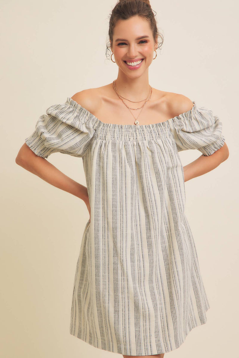 COTTON LINEN STRIPE MINI DRESS WITH SMOCKED SLEEVES
