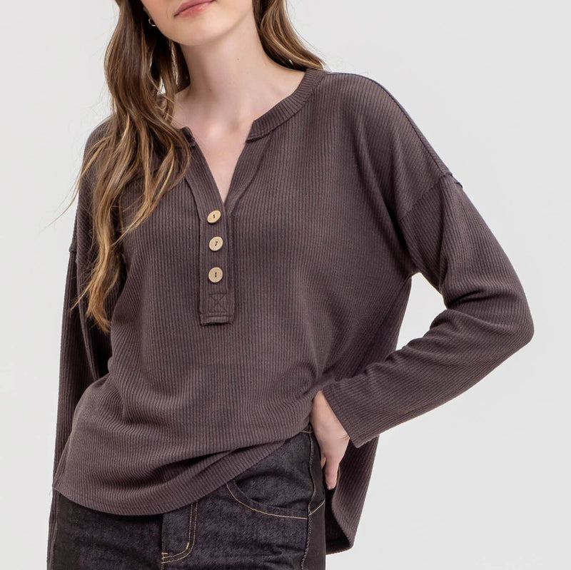 Half Button V-Neck Long Sleeve Knit Top