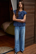 Woven Cotton Linen Button V-Neck Short SleeveTop