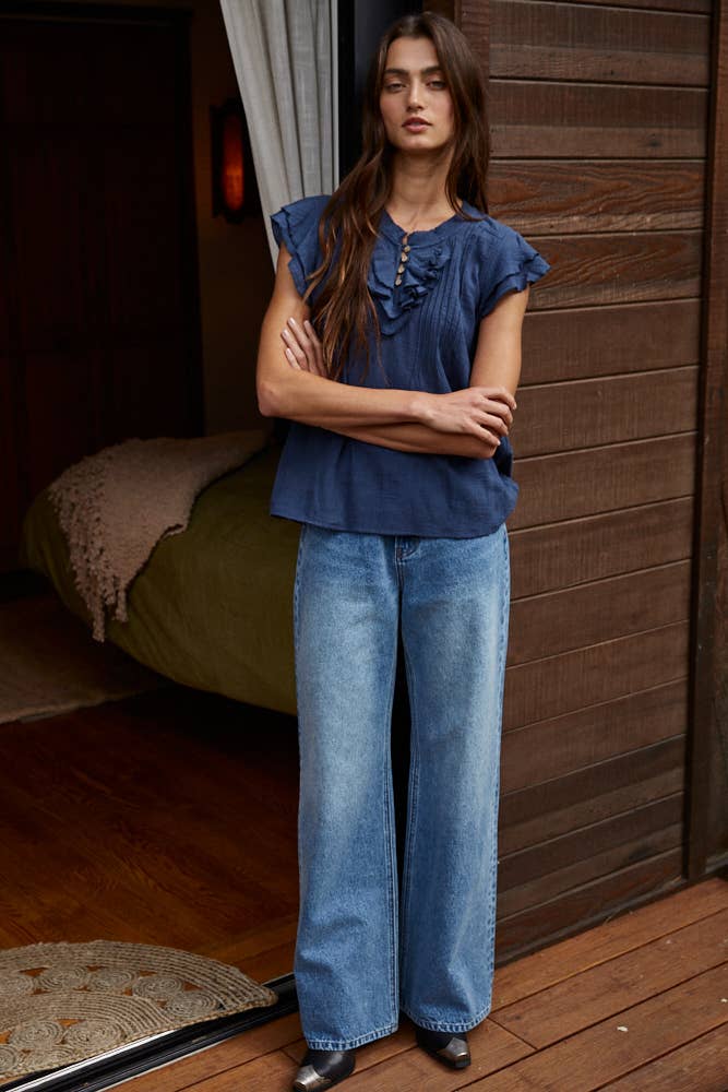 Woven Cotton Linen Button V-Neck Short SleeveTop