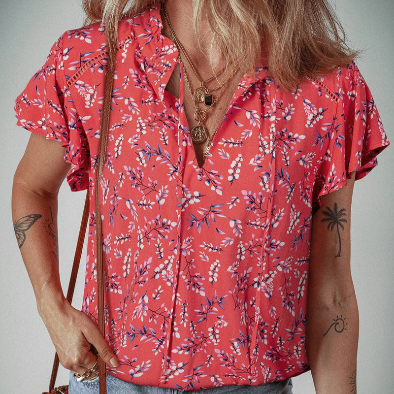 Floral Short Sleeve Crinkled Summer Blouse