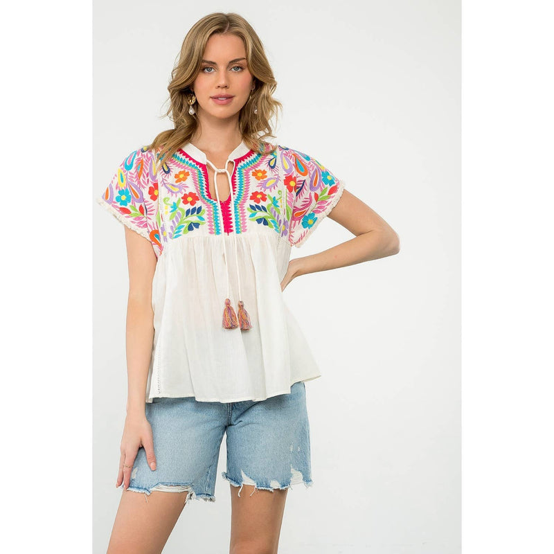 Tassel Tie Embroidered Babydoll Top