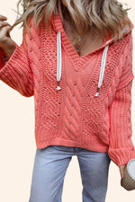 Cable Knit V Neck Hooded Pullover Sweater