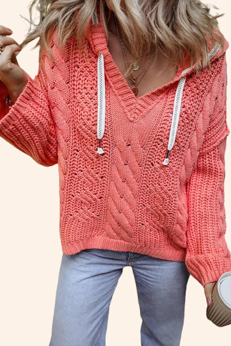 Cable Knit V Neck Hooded Pullover Sweater