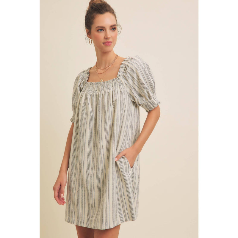 COTTON LINEN STRIPE MINI DRESS WITH SMOCKED SLEEVES