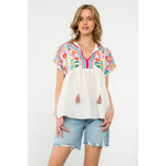 Tassel Tie Embroidered Babydoll Top