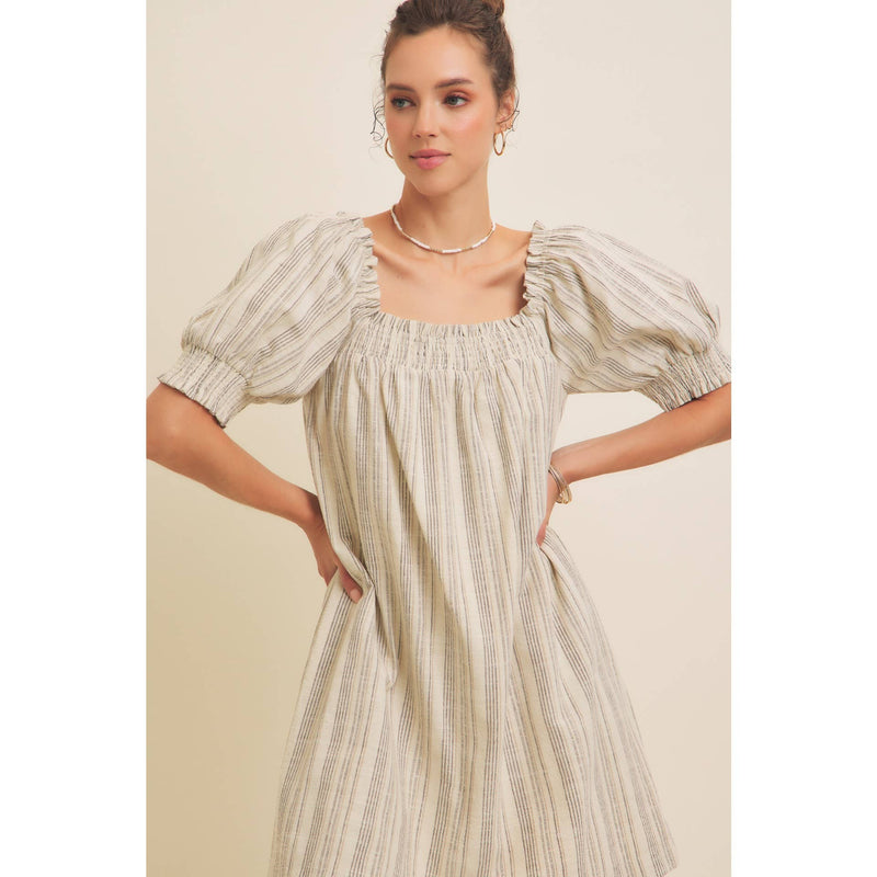 COTTON LINEN STRIPE MINI DRESS WITH SMOCKED SLEEVES