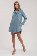 COLLARED LONG SLEEVE MINI SHIRT DRESS