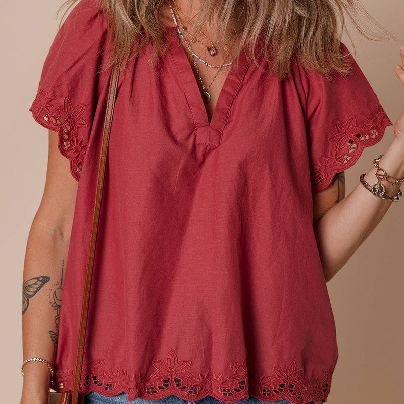 Floral Embroidered Short Sleeve Summer Blouse