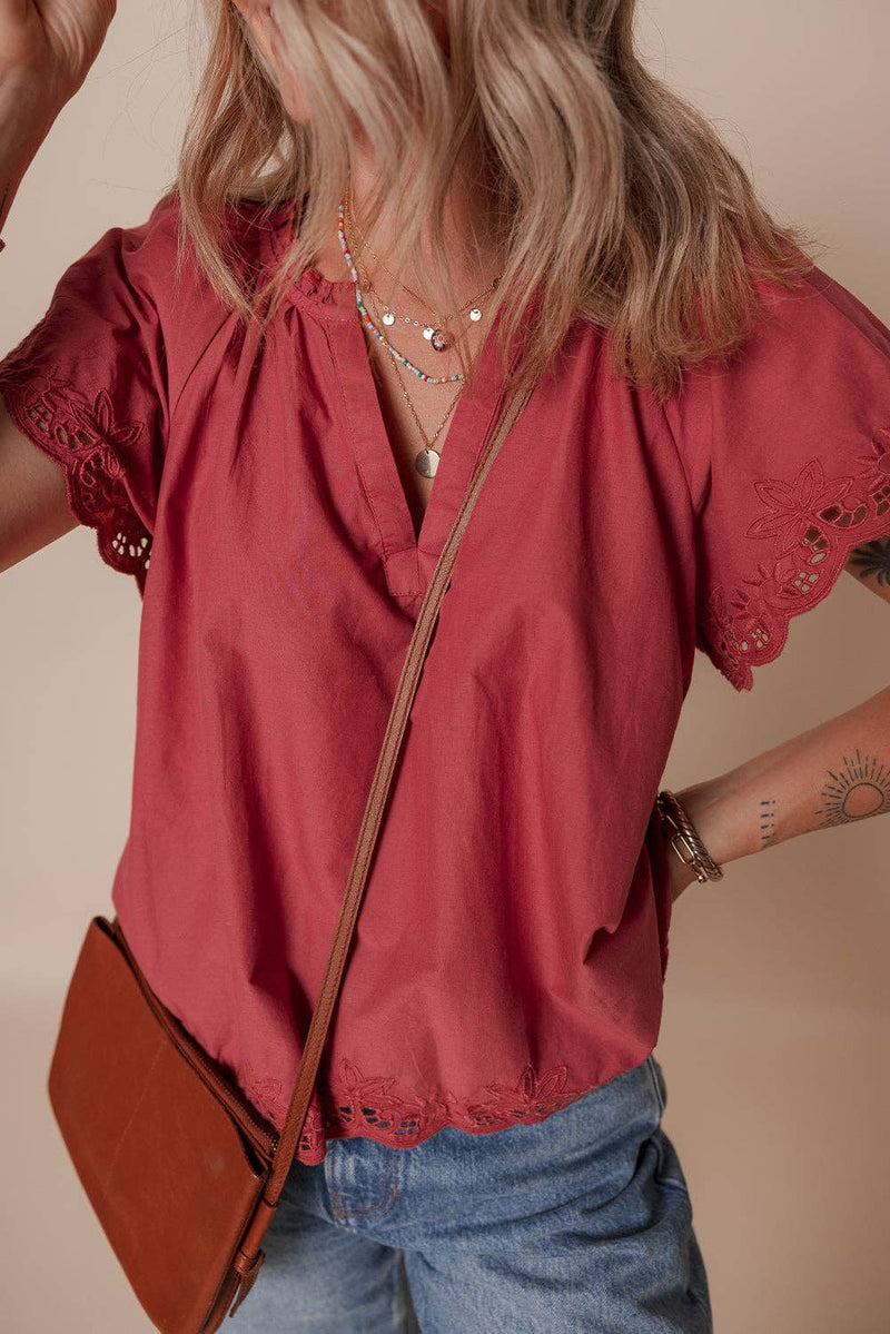 Floral Embroidered Short Sleeve Summer Blouse