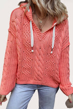 Cable Knit V Neck Hooded Pullover Sweater