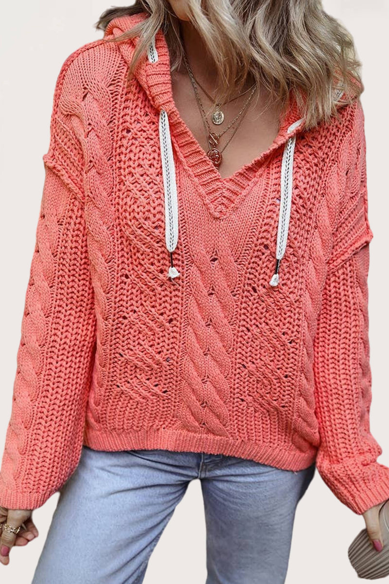Cable Knit V Neck Hooded Pullover Sweater