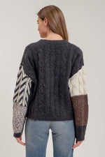 V-Neck Patchwork Cable Knit Cardigan