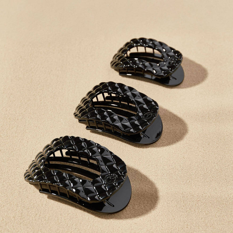 Flat Round Hair Clip | Jet Black Quilted