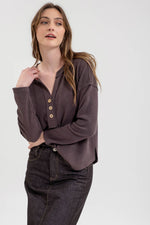 Half Button V-Neck Long Sleeve Knit Top