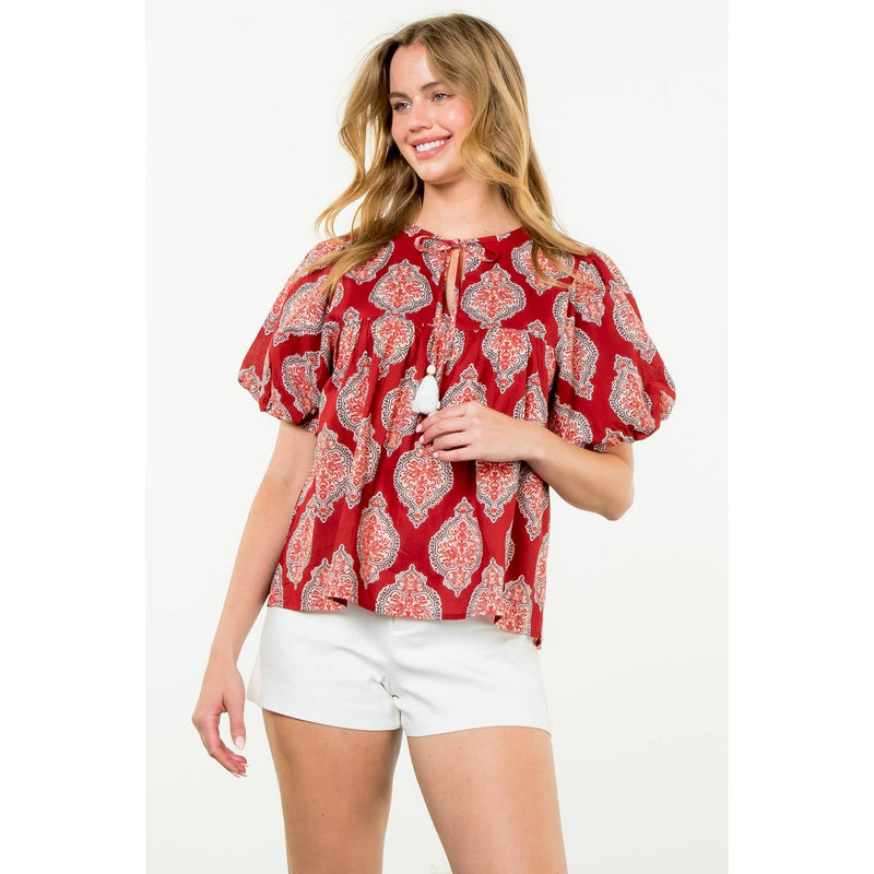 Puff Sleeve Tassel Tie Top