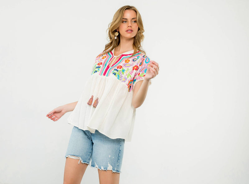Tassel Tie Embroidered Babydoll Top