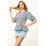 Contrast Trim Puff Sleeve Floral Top