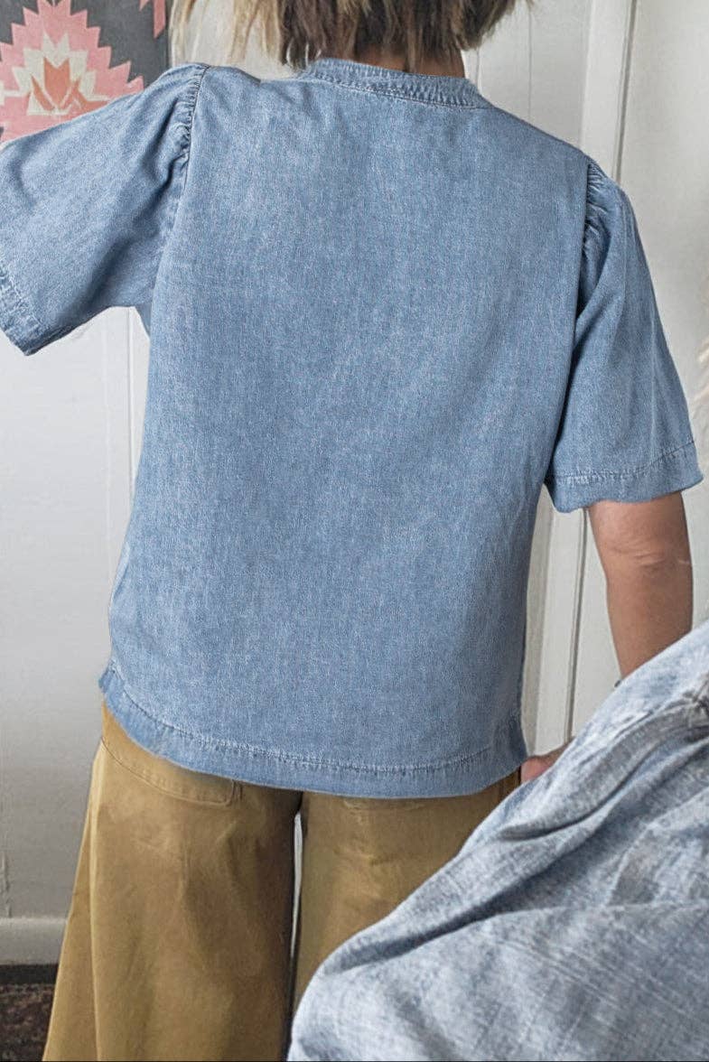 Denim Pleated Puff Sleeve Summer Top