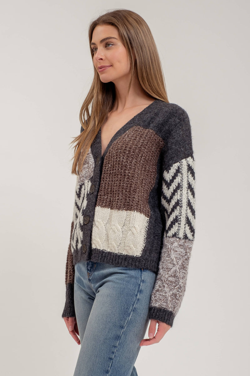 V-Neck Patchwork Cable Knit Cardigan