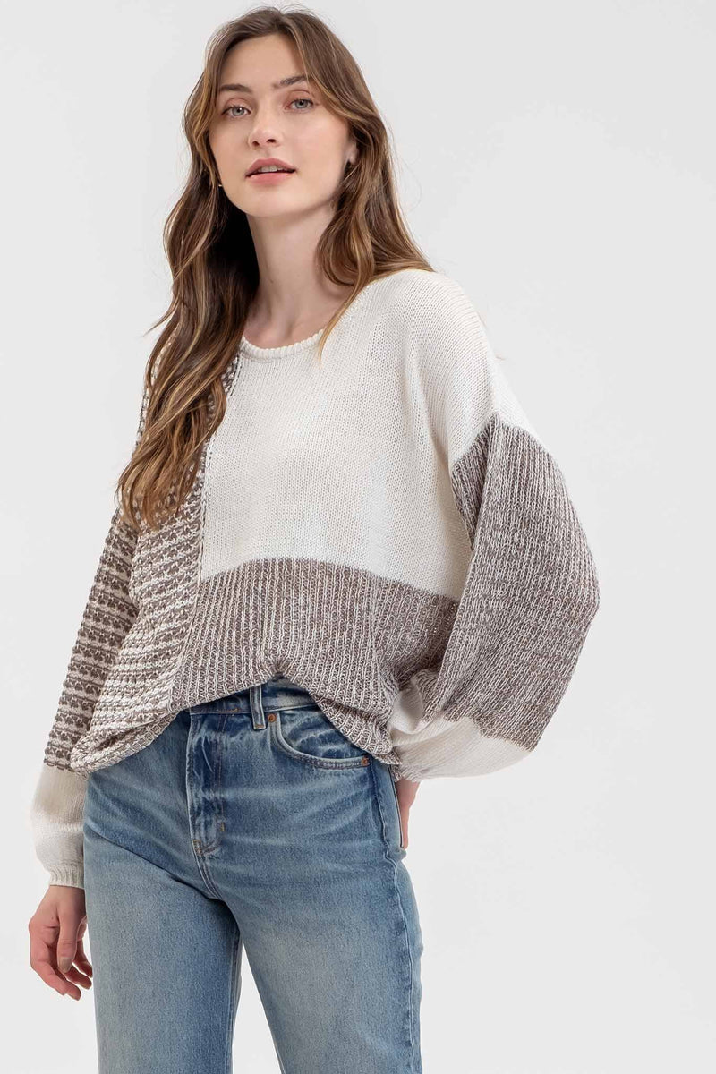 BACK TIE GREY COLORBLOCK KNIT SWEATER