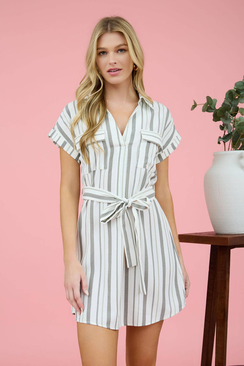 Stripe Collared Short Sleeve Belted Shirt Dress