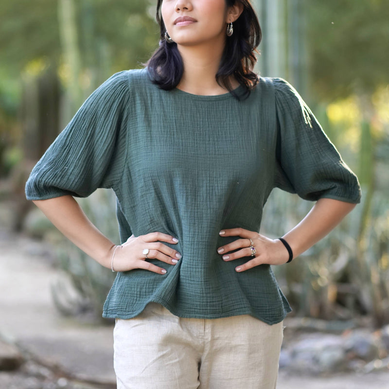 Coralee Double Cotton Gauze Top Green
