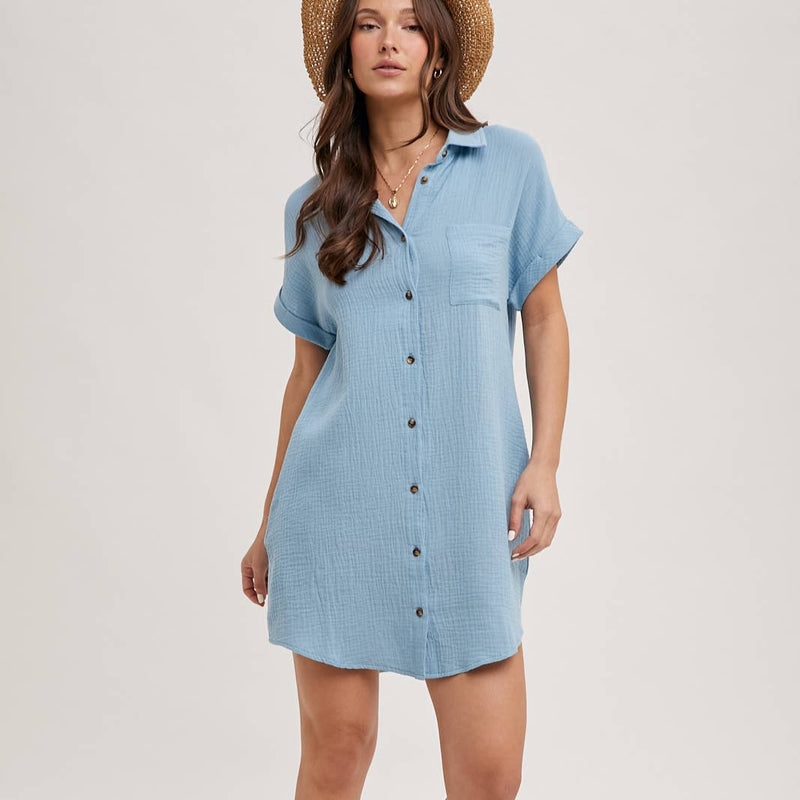 Button Up Shirt Dress with Pocket - Blue