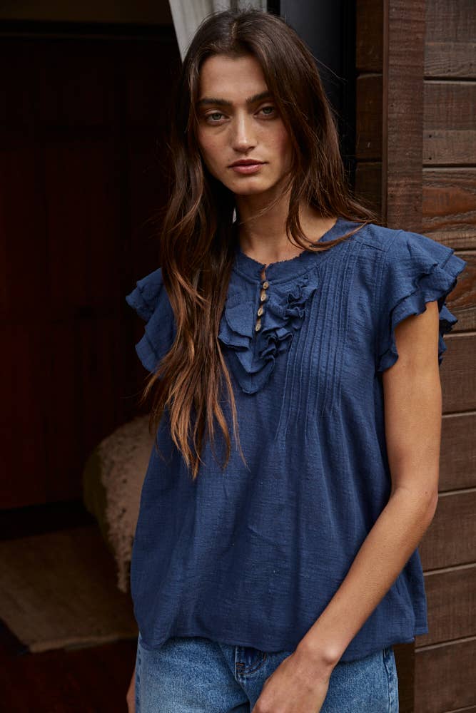 Woven Cotton Linen Button V-Neck Short SleeveTop