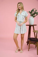 Stripe Collared Short Sleeve Belted Shirt Dress