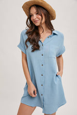 Button Up Shirt Dress with Pocket - Blue