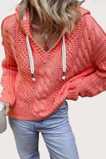 Cable Knit V Neck Hooded Pullover Sweater