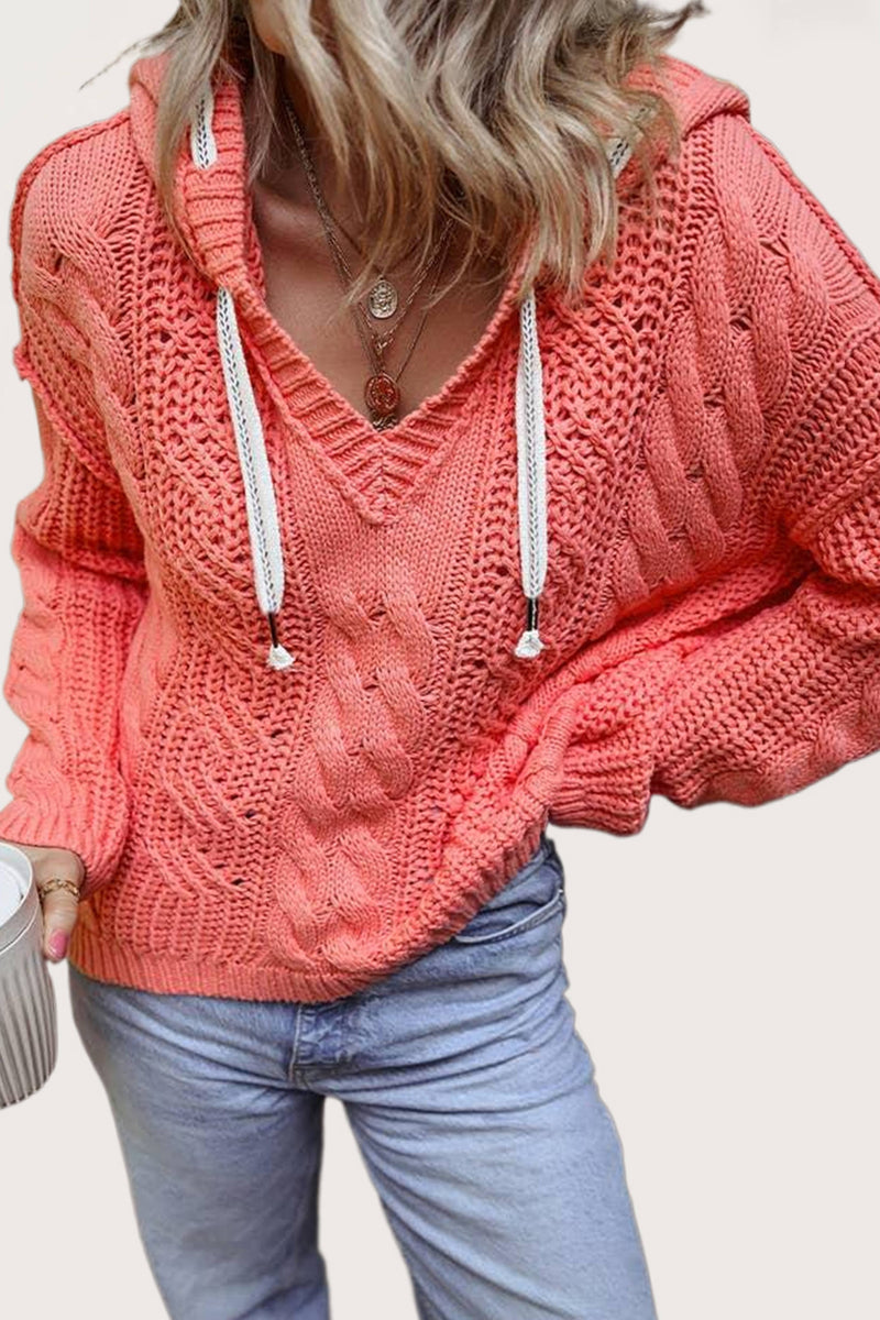 Cable Knit V Neck Hooded Pullover Sweater