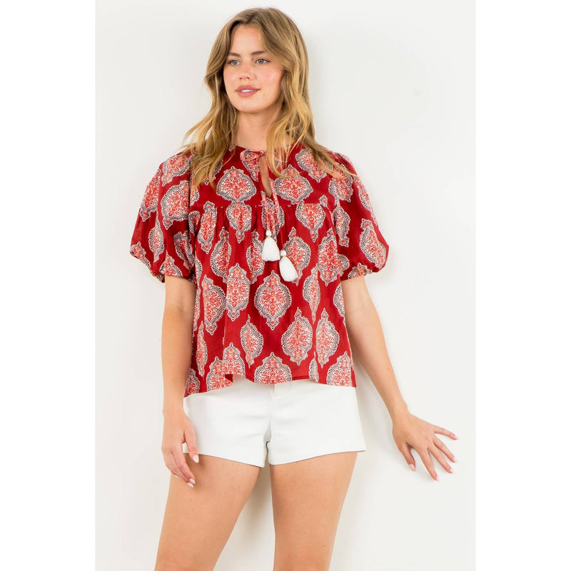 Puff Sleeve Tassel Tie Top