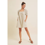 COTTON LINEN STRIPE MINI DRESS WITH SMOCKED SLEEVES