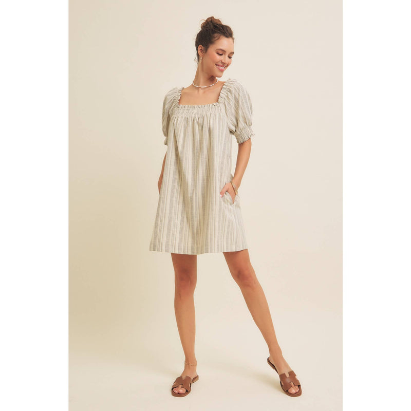 COTTON LINEN STRIPE MINI DRESS WITH SMOCKED SLEEVES