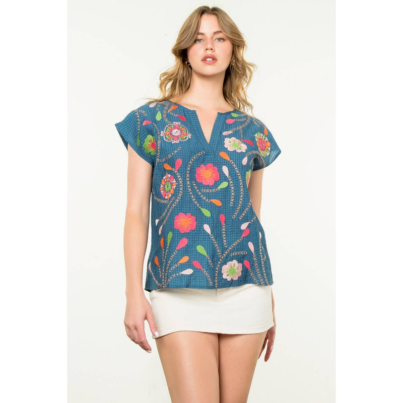 Flower Embroidered Textured Top