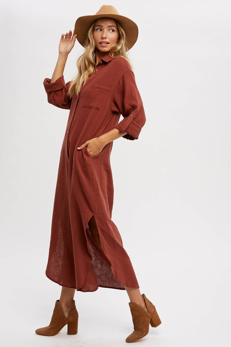 Button-up Maxi Shirt Dress w/ Pocket