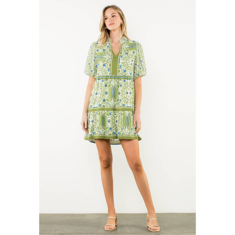 Puff Sleeve Abstract Print Dress