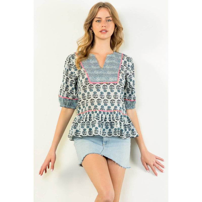 Contrast Trim Puff Sleeve Floral Top