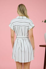 Stripe Collared Short Sleeve Belted Shirt Dress