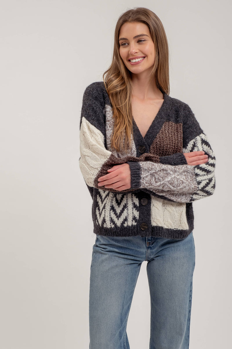 V-Neck Patchwork Cable Knit Cardigan